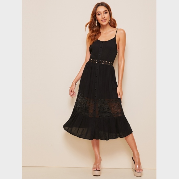 Lace Detail Waist Buttoned Cami Midi Black Dress - Picture 2 of 7